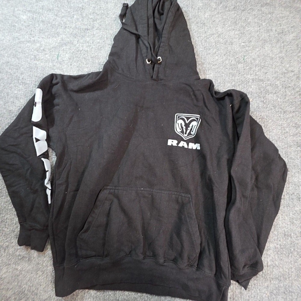 Ram Hoodie Mens Large Black Pullover Fleece RAM Logo Graphic Kangaroo Pocket